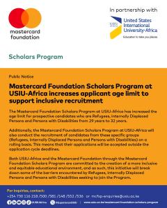 PUBLIC NOTICE - Mastercard Foundation Scholars Program at USIU-Africa has increased the age limit